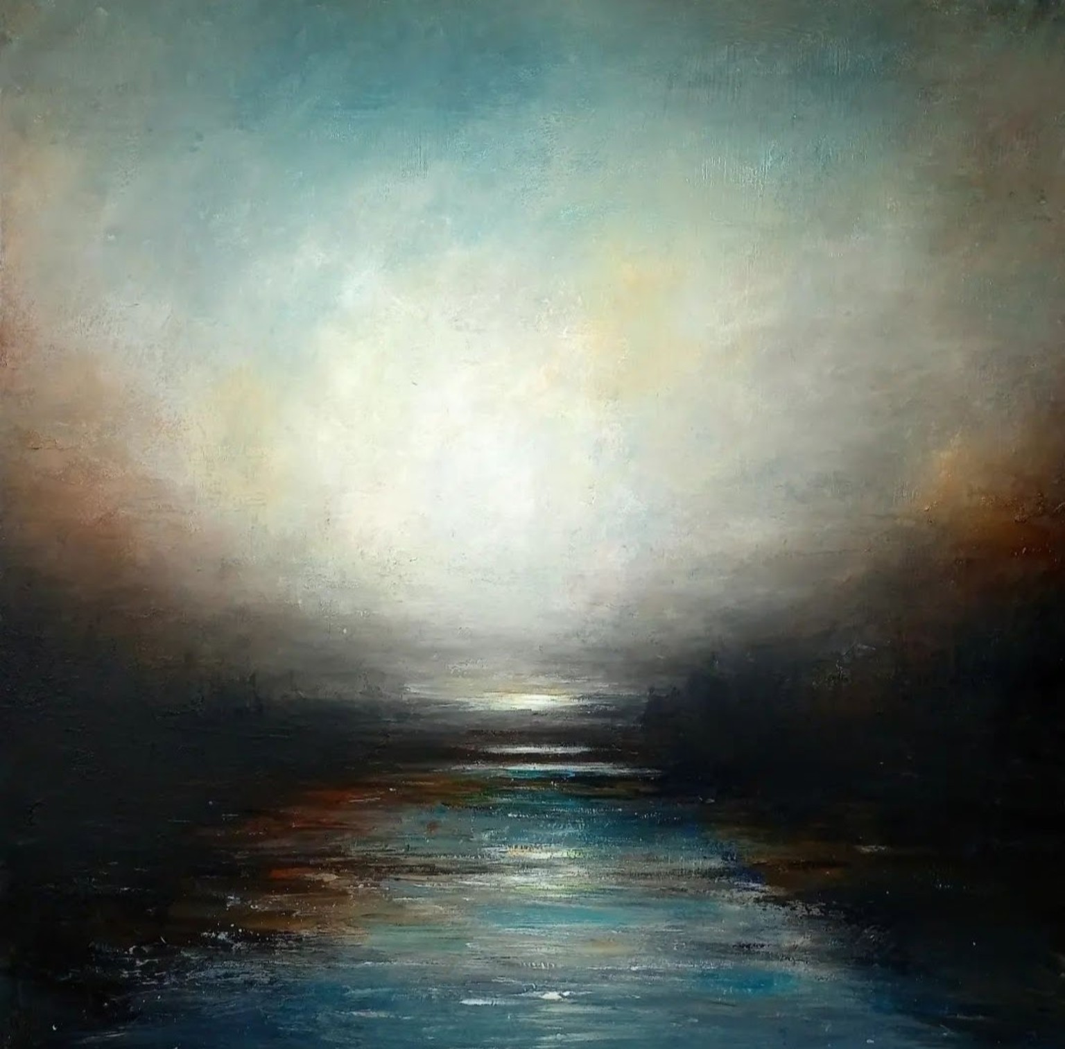 Atmospheric landscape painting with luminous sky and dark woodland surrounding reflective water