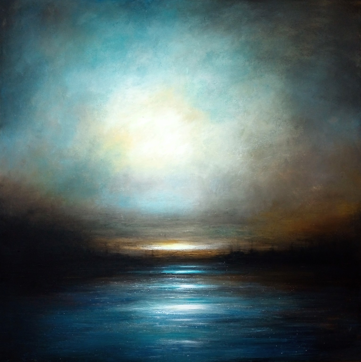 Atmospheric blue landscape painting with moonlit water and a luminous horizon